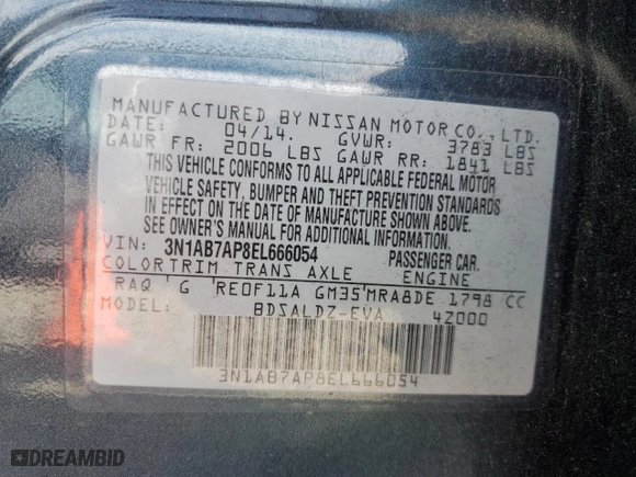 2014 Nissan Sentra SV with VIN 3N1AB7AP8EL666054, listed as a Copart auction lot 52536685 with 107,794 mi miles and Salvage Title. Bid and sale history available at carsss.com. Image 13.