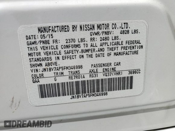 2015 Infiniti Q50 Sport with VIN JN1BV7AP5FM346998, listed as a Copart auction lot 61992655 with 105,215 mi miles and Salvage title. Bid and sale history available at DreamBid. Image 12.