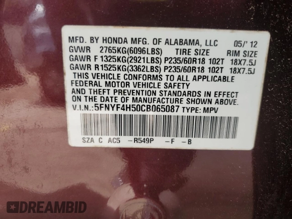 2012 Honda Pilot EX-L с VIN 5FNYF4H50CB065087, выставлен на аукционе Copart как лот 53053885 с пробегом 80 835 миль миль и Списание • Salvage title. История ставок и продаж доступна на DreamBid. Изображение 15.