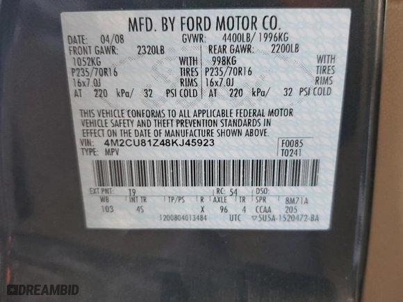 2008 Mercury Mariner with VIN 4M2CU81Z48KJ45923, listed as a Copart auction lot 73743783 with 154,439 mi miles and Salvage Title. Bid and sale history available at carsss.com. Image 12.
