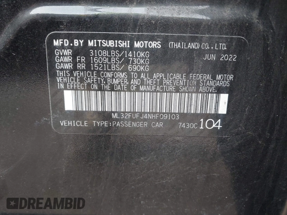 2022 Mitsubishi Mirage ES with VIN ML32FUFJ4NHF09103, listed as a IAAI auction lot 41211686 with 30,151 mi miles and . Bid and sale history available at DreamBid. Image 9.