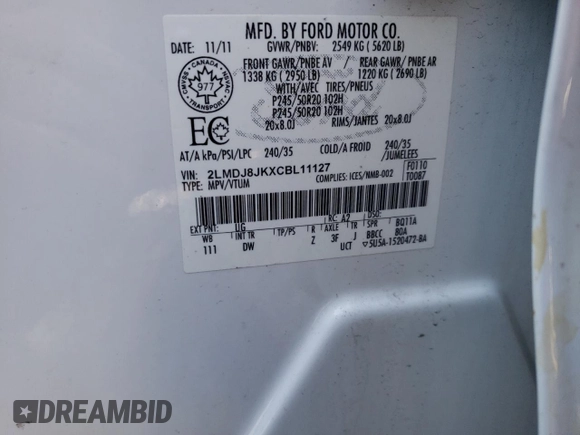 2012 Lincoln MKX with VIN 2LMDJ8JKXCBL11127, listed as a Copart auction lot 46122725 with Not Provided miles and Salvage Title. Bid and sale history available at DreamBid. Image 14.