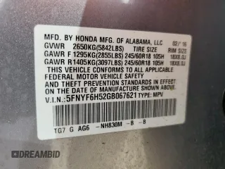 2016 Honda Pilot EX-L with VIN 5FNYF6H52GB067621, listed as a Copart auction lot 53848105 with 75,332 mi miles and Salvage Title. Bid and sale history available at carsss.com. Image 14.