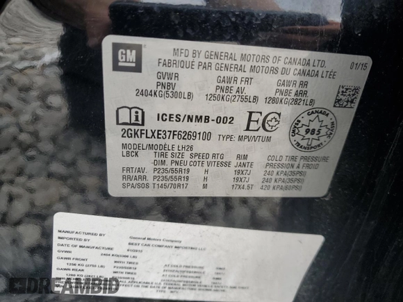 2015 GMC Terrain SLT with VIN 2GKFLXE37F6269100, listed as a Copart auction lot 49698295 with 59,416 mi miles and Clean Title. Bid and sale history available at DreamBid. Image 13.
