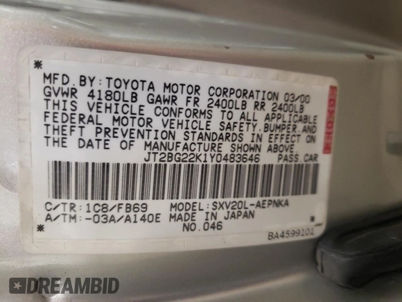 2000 Toyota Camry CE z VIN JT2BG22K1Y0483646, wystawiony jako Copart lot #53129705 z przebiegiem 187 418 mil mil oraz Szkoda całkowita • Salvage title. Historia ofert i sprzedaży dostępna na DreamBid. Obrazek 12.