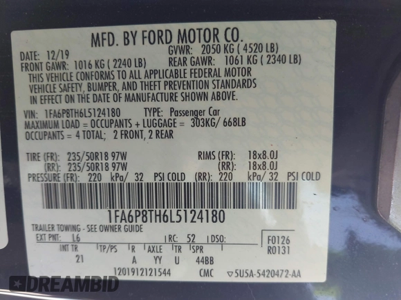 2020 Ford Mustang EcoBoost with VIN 1FA6P8TH6L5124180, listed as a IAAI auction lot 41702327 with 21,460 mi miles. Bid and sale history available at carsss.com. Image 9.