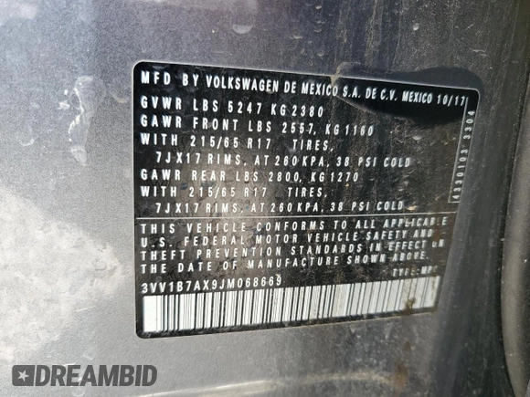 2018 Volkswagen Tiguan S z VIN 3VV1B7AX9JM068669, wystawiony jako Copart lot #56676365 z przebiegiem 178 679 mil mil oraz Szkoda całkowita • Salvage title. Historia ofert i sprzedaży dostępna na DreamBid. Obrazek 14.