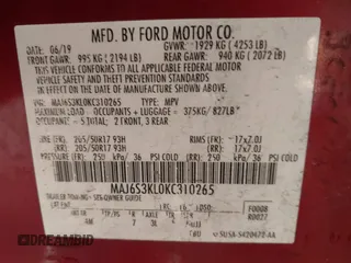 2019 Ford EcoSport Titanium with VIN MAJ6S3KL0KC310265, listed as a IAAI auction lot 41390172 with 93,731 mi miles and . Bid and sale history available at DreamBid. Image 9.