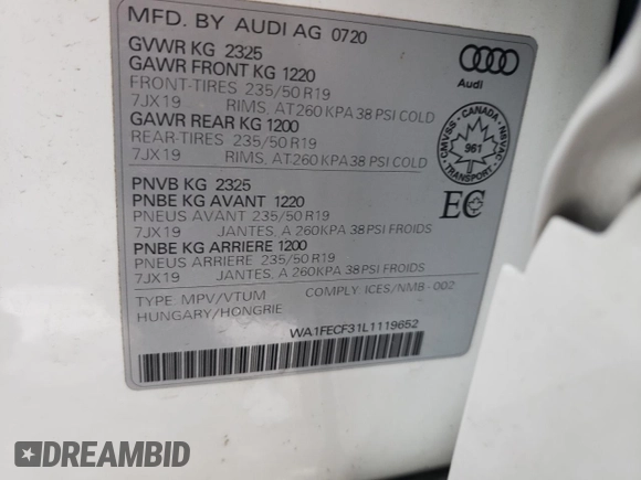 2020 Audi Q3 S line Prestige with VIN WA1FECF31L1119652, listed as a Copart auction lot 83328924 with 36,526 mi miles and Non Repairable. Bid and sale history available at carsss.com. Image 13.