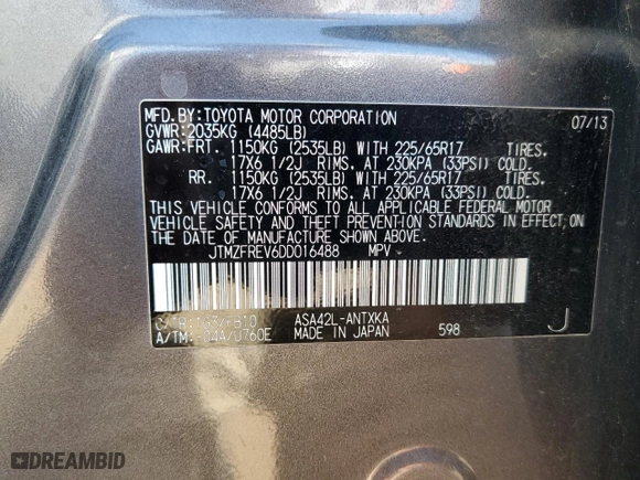 2013 Toyota RAV4 LE with VIN JTMZFREV6DD016488, listed as a Copart auction lot 52520215 with 0 mi miles and Salvage Title. Bid and sale history available at carsss.com. Image 15.