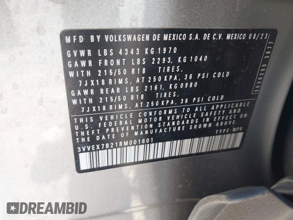 2024 Volkswagen Taos SE z VIN 3VVEX7B21RM001601, wystawiony jako IAAI lot #41406215 z przebiegiem 8 557 mil mil oraz . Historia ofert i sprzedaży dostępna na DreamBid. Obrazek 9.