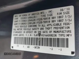 2010 Acura RDX with VIN 5J8TB1H21AA008236, listed as a IAAI auction lot 41664609 with 136,394 mi miles. Bid and sale history available at carsss.com. Image 9.