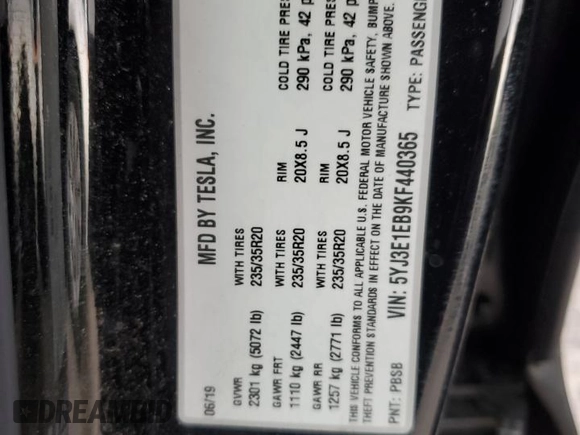 2019 Tesla Model 3 Long Range with VIN 5YJ3E1EB9KF440365, listed as a Copart auction lot 83839034 with 74,667 mi miles and Salvage Title. Bid and sale history available at DreamBid. Image 12.