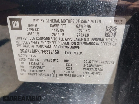 2015 GMC Terrain SLE with VIN 2GKALMEK7F6372159, listed as a IAAI auction lot 42705706 with 112,016 mi miles and . Bid and sale history available at DreamBid. Image 9.