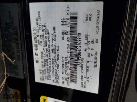 2023 Ford Mustang EcoBoost с VIN 1FATP8UH4P5109930, выставлен на аукционе Copart как лот 60831445 с пробегом 42 594 миль миль и Списание • Salvage title. История ставок и продаж доступна на DreamBid. Изображение 12.