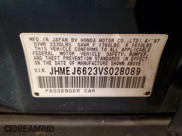 1997 Honda Civic DX with VIN JHMEJ6623VS028089, listed as a Copart auction lot 78659644 with 194,593 mi miles and Salvage Title. Bid and sale history available at DreamBid. Image 12.