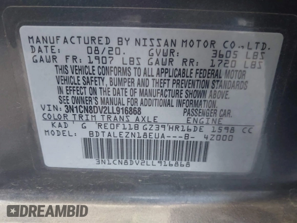 2020 Nissan Versa S z VIN 3N1CN8DV2LL916868, wystawiony jako IAAI lot #41960179 z przebiegiem 22 034 mil mil oraz . Historia ofert i sprzedaży dostępna na DreamBid. Obrazek 9.