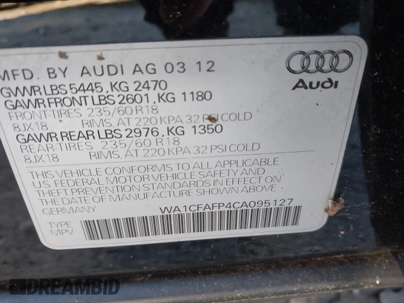 2012 Audi Q5 Premium с VIN WA1CFAFP4CA095127, выставлен на аукционе IAAI как лот 41417104 с пробегом 88 862 миль миль и . История ставок и продаж доступна на DreamBid. Изображение 9.
