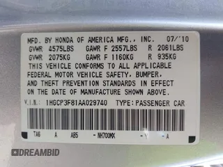 2010 Honda Accord EX-L with VIN 1HGCP3F81AA029740, listed as a IAAI auction lot 42112192 with 140,674 mi miles and . Bid and sale history available at DreamBid. Image 9.