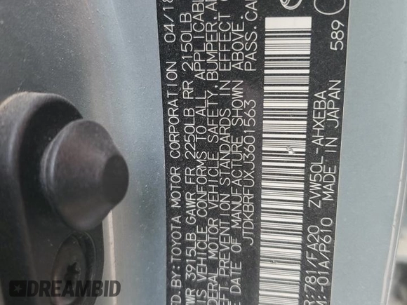 2018 Toyota Prius Two z VIN JTDKBRFUXJ3601563, wystawiony jako Copart lot #55681125 z przebiegiem Nie podano mil oraz Szkoda całkowita • Salvage title. Historia ofert i sprzedaży dostępna na DreamBid. Obrazek 12.
