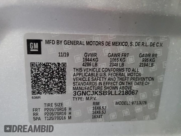 2020 Chevrolet Trax LS with VIN 3GNCJKSB9LL218067, listed as a Copart auction lot 63389735 with 32,555 mi miles and Salvage title. Bid and sale history available at DreamBid. Image 14.