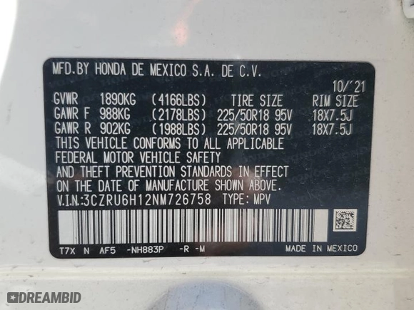 2022 Honda HR-V Sport with VIN 3CZRU6H12NM726758, listed as a Copart auction lot 49546505 with 42,331 mi miles and Salvage Title. Bid and sale history available at carsss.com. Image 13.