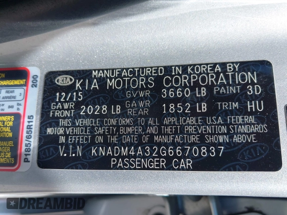 2016 Kia Rio LX with VIN KNADM4A32G6670837, listed as a IAAI auction lot 42154148 with 92,859 mi miles. Bid and sale history available at carsss.com. Image 9.