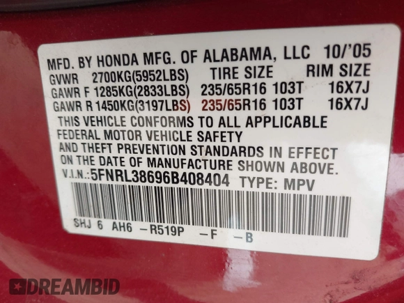 2006 Honda Odyssey EX-L with VIN 5FNRL38696B408404, listed as a IAAI auction lot 42081782 with 229,835 mi miles. Bid and sale history available at carsss.com. Image 9.