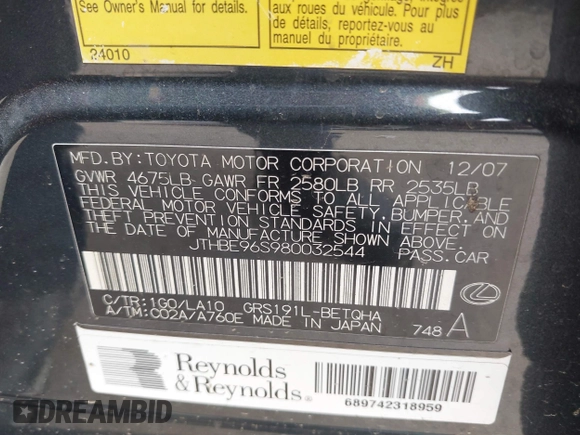 2008 Lexus GS 350 z VIN JTHBE96S980032544, wystawiony jako IAAI lot #42422582 z przebiegiem 272 670 mil mil oraz . Historia ofert i sprzedaży dostępna na DreamBid. Obrazek 9.