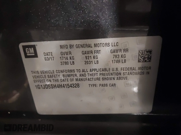 2017 Chevrolet Sonic LT with VIN 1G1JD5SH4H4154328, listed as a IAAI auction lot 41879626 with 86,116 mi miles and . Bid and sale history available at DreamBid. Image 9.
