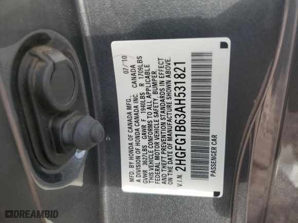 2010 Honda Civic Cpe LX with VIN 2HGFG1B63AH531821, listed as a Copart auction lot 41419005 with 145,114 mi miles and Salvage Title. Bid and sale history available at carsss.com. Image 12.