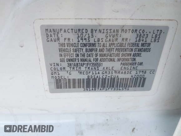 2015 Nissan Sentra SR with VIN 3N1AB7AP1FY356591, listed as a IAAI auction lot 42041139 with 113,341 mi miles and . Bid and sale history available at DreamBid. Image 9.