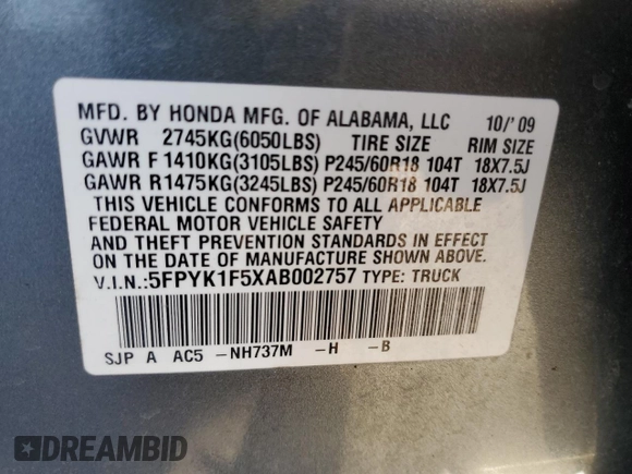 2010 Honda Ridgeline RTL with VIN 5FPYK1F5XAB002757, listed as a Copart auction lot 74548944 with 255,416 mi miles and Salvage Title. Bid and sale history available at carsss.com. Image 12.
