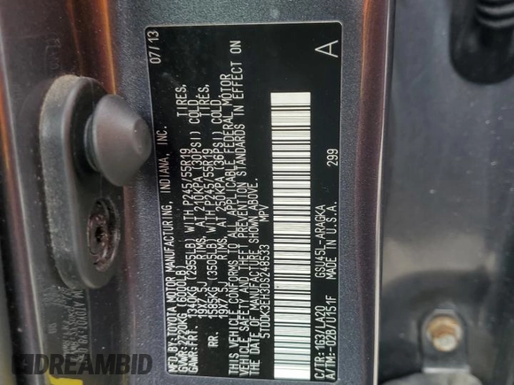 2013 Toyota Highlander Limited z VIN 5TDDK3EH3DS248533, wystawiony jako Copart lot #61144445 z przebiegiem 90 230 mil mil oraz Szkoda całkowita • Salvage title. Historia ofert i sprzedaży dostępna na DreamBid. Obrazek 13.