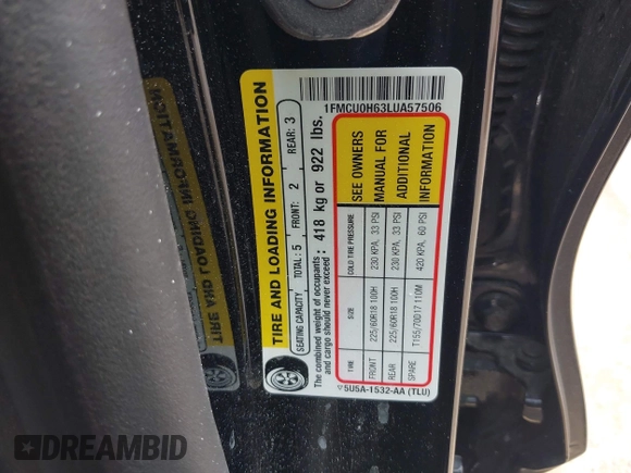 2020 Ford Escape SEL with VIN 1FMCU0H63LUA57506, listed as a IAAI auction lot 42307890 with 46,076 mi miles and . Bid and sale history available at DreamBid. Image 9.