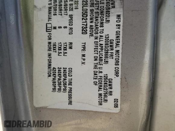 2005 Chevrolet Uplander LS z VIN 1GNDV23L05D217320, wystawiony jako Copart lot #76468304 z przebiegiem Nie podano mil oraz Nie do naprawy • Non repairable. Historia ofert i sprzedaży dostępna na DreamBid. Obrazek 13.