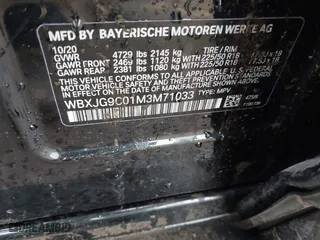 2021 BMW X1 xDrive28i with VIN WBXJG9C01M3M71033, listed as a IAAI auction lot 41723970 with 71,000 mi miles. Bid and sale history available at carsss.com. Image 9.