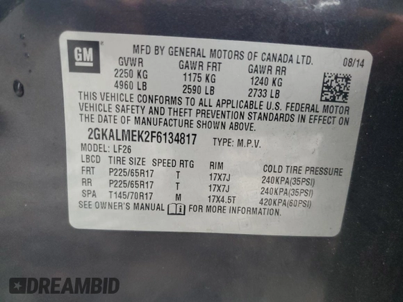 2015 GMC Terrain SLE with VIN 2GKALMEK2F6134817, listed as a Copart auction lot 64024755 with 129,422 mi miles and Salvage title. Bid and sale history available at DreamBid. Image 13.
