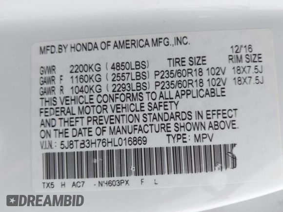 2017 Acura RDX Advance with VIN 5J8TB3H76HL016869, listed as a IAAI auction lot 41432793 with 98,078 mi miles and . Bid and sale history available at DreamBid. Image 9.