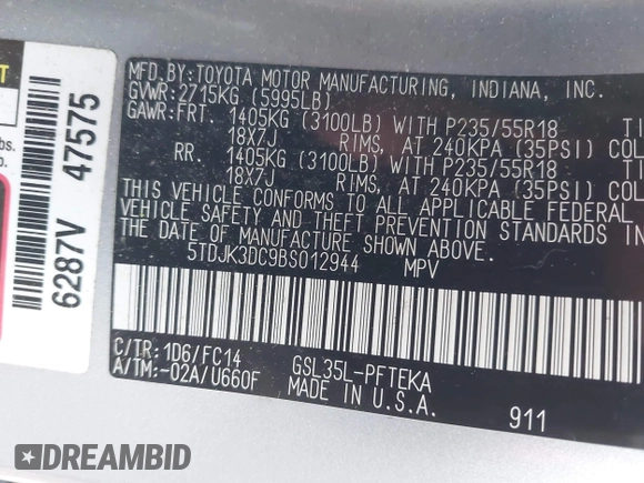 2011 Toyota Sienna LE with VIN 5TDJK3DC9BS012944, listed as a IAAI auction lot 42106998 with 108,700 mi miles. Bid and sale history available at carsss.com. Image 9.