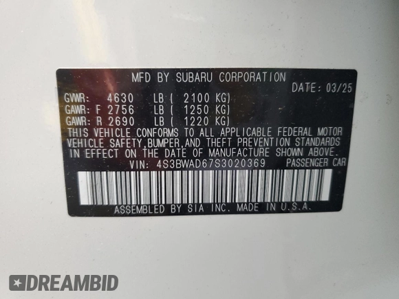 2025 Subaru Legacy Premium with VIN 4S3BWAD67S3020369, listed as a Copart auction lot 58819375 with 152 mi miles and Clean title. Bid and sale history available at DreamBid. Image 12.
