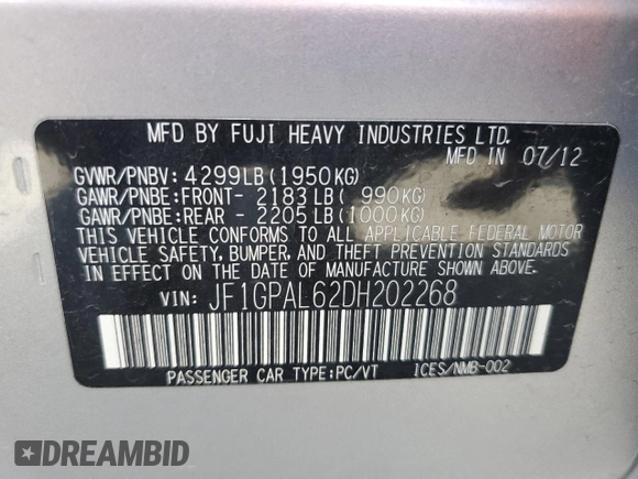 2013 Subaru Impreza Special Sports Premium with VIN JF1GPAL62DH202268, listed as a Copart auction lot 60557445 with 99,034 mi miles and Salvage title. Bid and sale history available at DreamBid. Image 12.