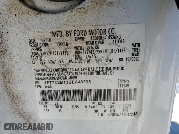 2011 Ford F-250 XL with VIN 1FT7X2BT3BEA48305, listed as a Copart auction lot 58545235 with Not provided miles and Non repairable. Bid and sale history available at DreamBid. Image 12.