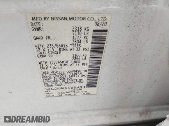 2020 Nissan Murano S with VIN 5N1AZ2AJ6LN163493, listed as a IAAI auction lot 42591964 with 43,989 mi miles and . Bid and sale history available at DreamBid. Image 9.