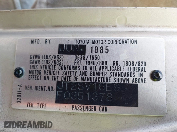 1985 Toyota Camry z VIN JT2SV16E9F0351378, wystawiony jako IAAI lot #41605627 z przebiegiem 192 476 mil mil oraz . Historia ofert i sprzedaży dostępna na DreamBid. Obrazek 9.