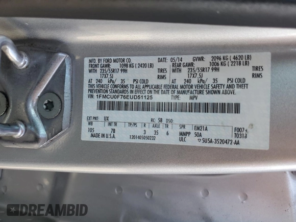 2014 Ford Escape S с VIN 1FMCU0F76EUD51125, выставлен на аукционе Copart как лот 51103365 с пробегом 108 766 миль миль и Списание • Salvage title. История ставок и продаж доступна на DreamBid. Изображение 14.