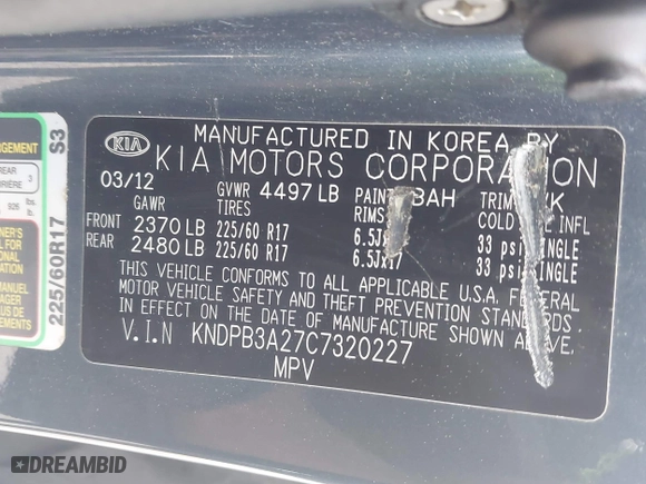 2012 Kia Sportage LX with VIN KNDPB3A27C7320227, listed as a IAAI auction lot 42109588 with 162,043 mi miles. Bid and sale history available at carsss.com. Image 9.