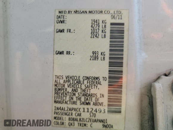 2012 Nissan Altima 2.5 SL with VIN 1N4AL2APXCC112493, listed as a Copart auction lot 50368985 with 207,086 mi miles and Salvage Title. Bid and sale history available at carsss.com. Image 12.