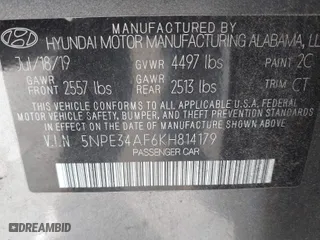 2019 Hyundai Sonata Sport with VIN 5NPE34AF6KH814179, listed as a IAAI auction lot 41787096 with 121,460 mi miles. Bid and sale history available at carsss.com. Image 9.