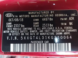 2019 Kia Optima LX with VIN 5XXGT4L31KG310064, listed as a IAAI auction lot 41703047 with 177,590 mi miles. Bid and sale history available at carsss.com. Image 9.